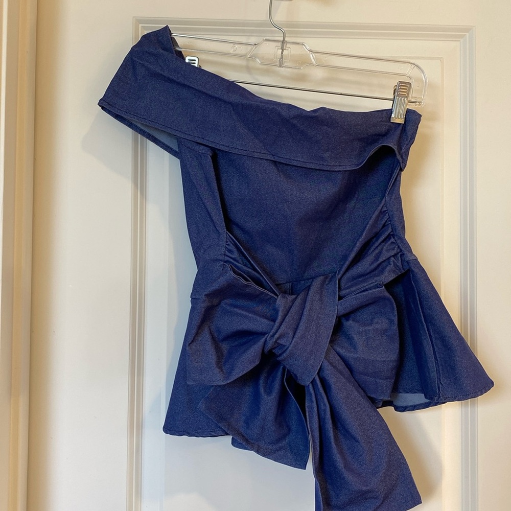 Stretchy & soft denim blue one shoulder peplum top with attached sash